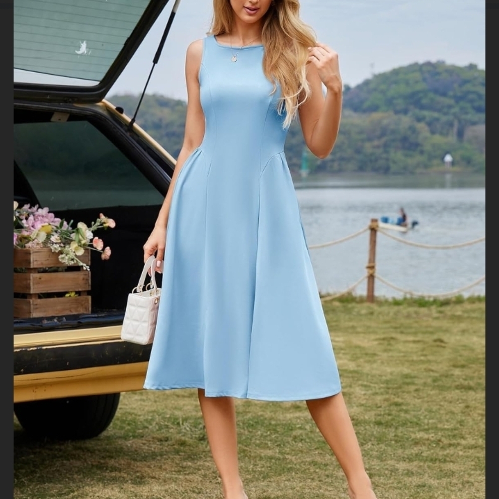 Bridesmay Light Blue Sleeveless Midi Dress. Size Large.